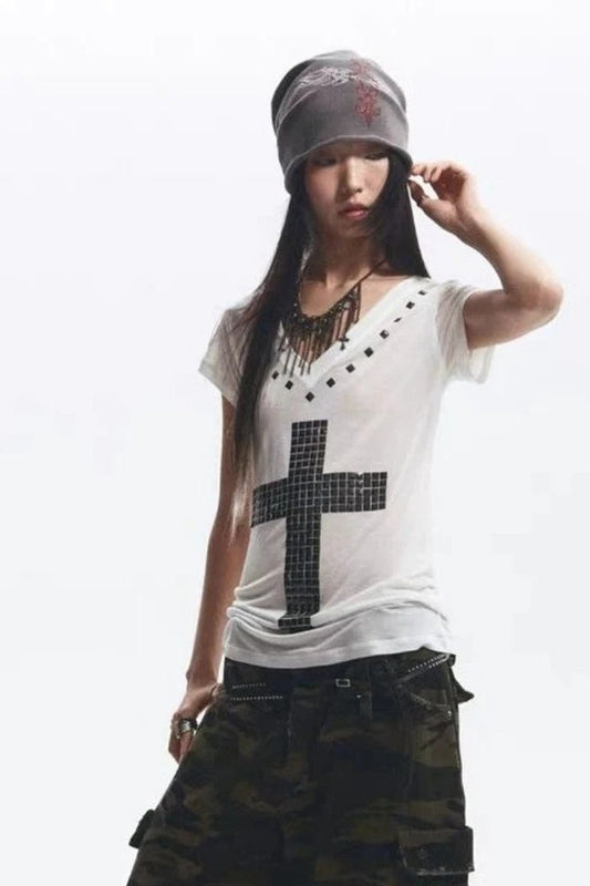Foil Cross Loose V-Neck T-Shirt
