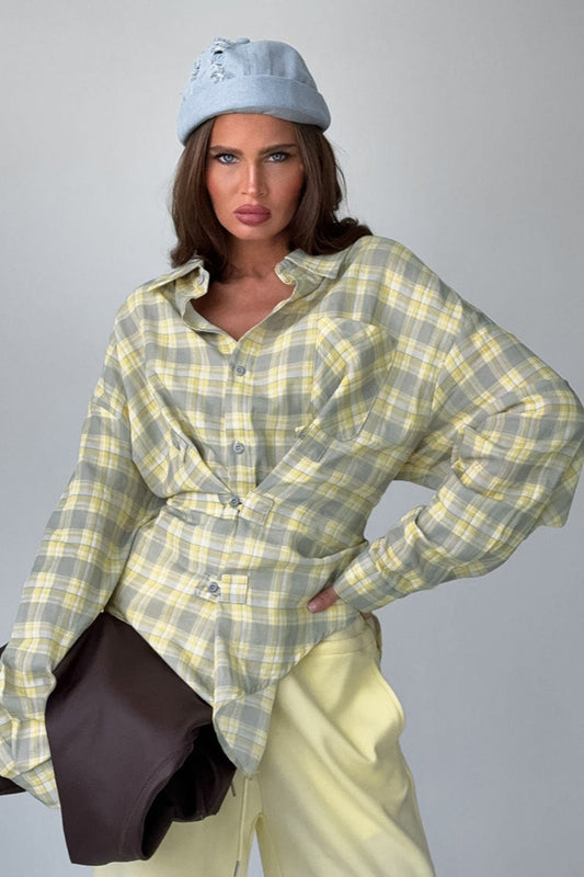 Color-block Plaid Belted Long Sleeve Bloshope