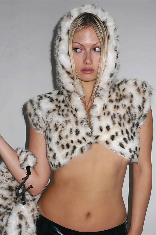 Hooded Leopard Print Fuzzy Cropped Vest