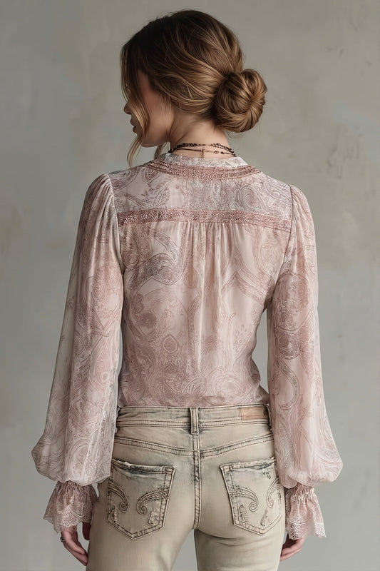 Lace Spliced Sheer Ruffle Flare Sleeve Blouse