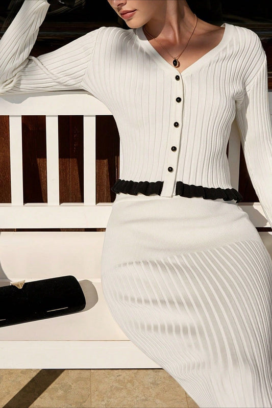 Elegant Ruffled Long-Sleeve Knit Skirt Two Piece Set