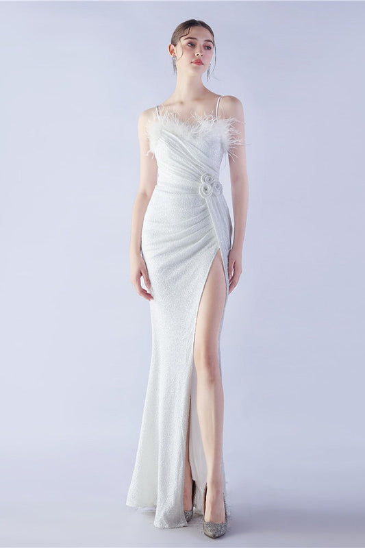 Ostrich Feather Embellished Maxi Dress