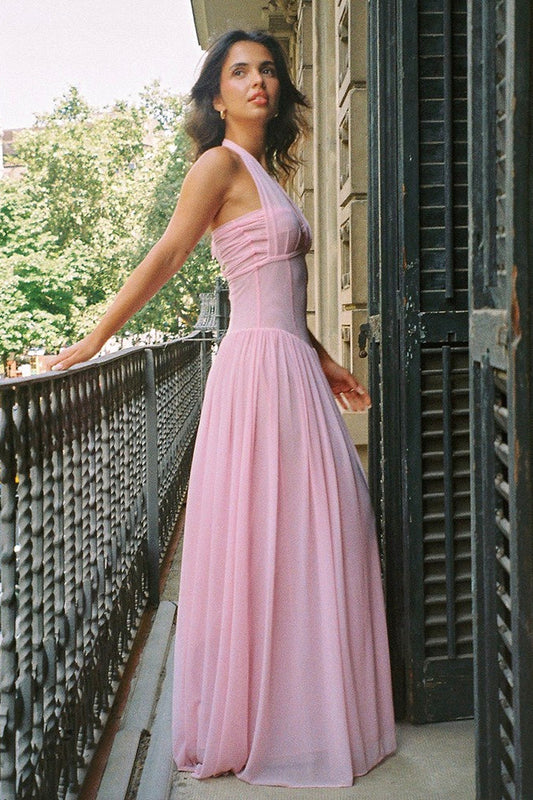 Solid Halter V Neck Boning Waist Mesh Maxi Dress
