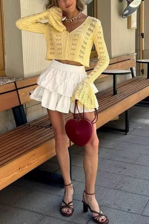 Cutout V-Neck Solid Short Long-Sleeve Knit Cardigan