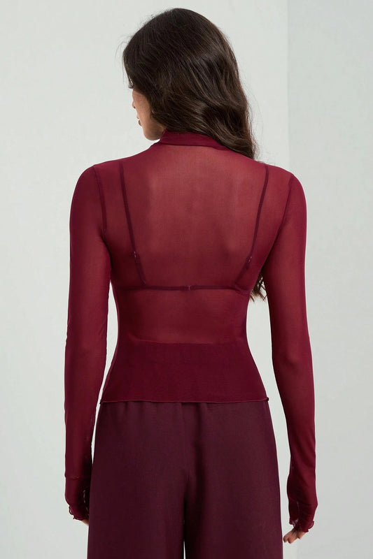 Stand Collar Solid Mesh Slim Fit Long Sleeve Tee