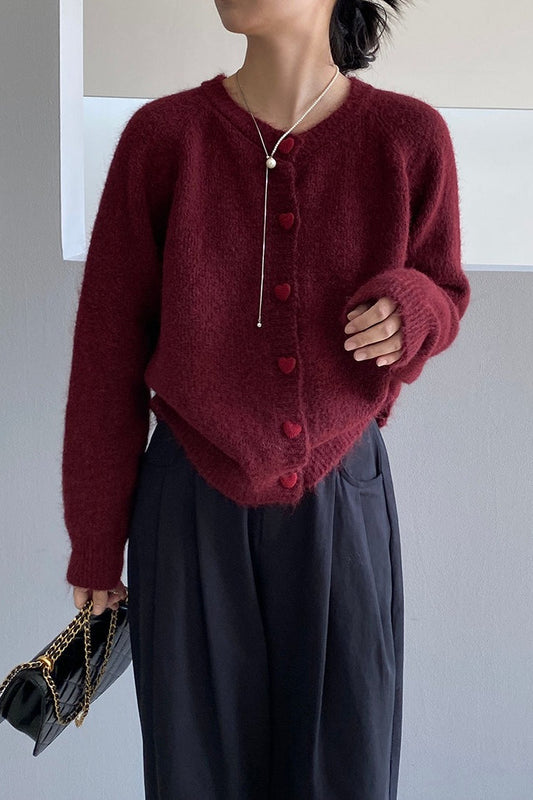 Oversized Heart Button Round Neck Cardigan