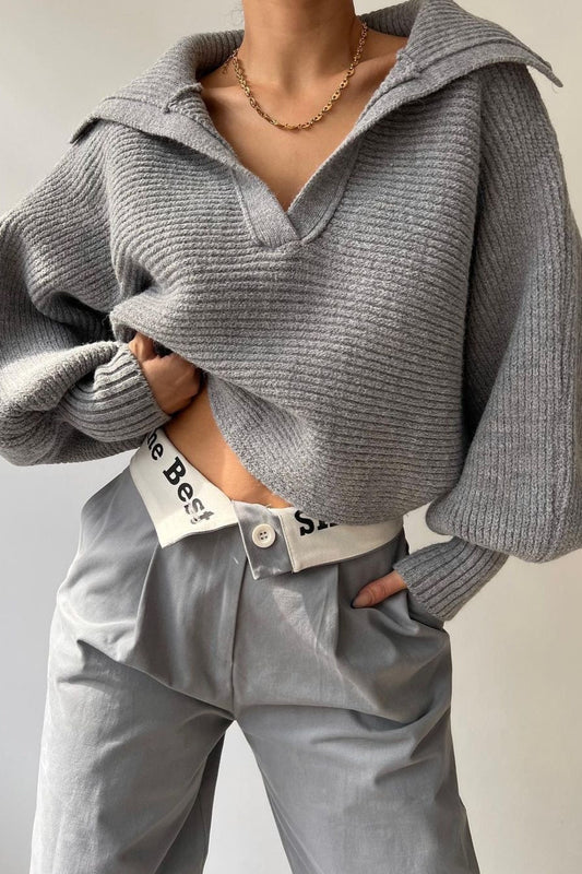 Lantern Sleeve Open Collar Knit Sweater