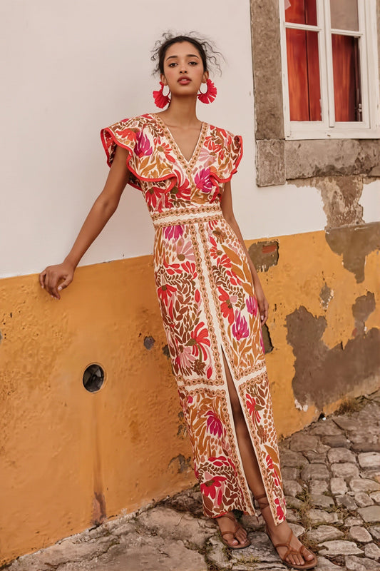 Floral Ruffle Slit Back V Boho Dress