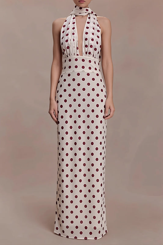 Polka Dot Deep V Tie Bodycon Maxi Dress