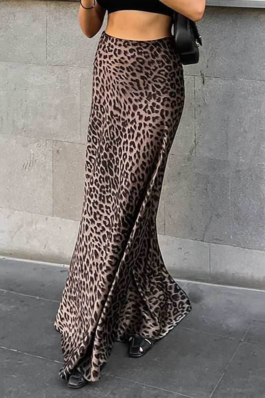Satin Leopard Print A-Line Maxi Skirt