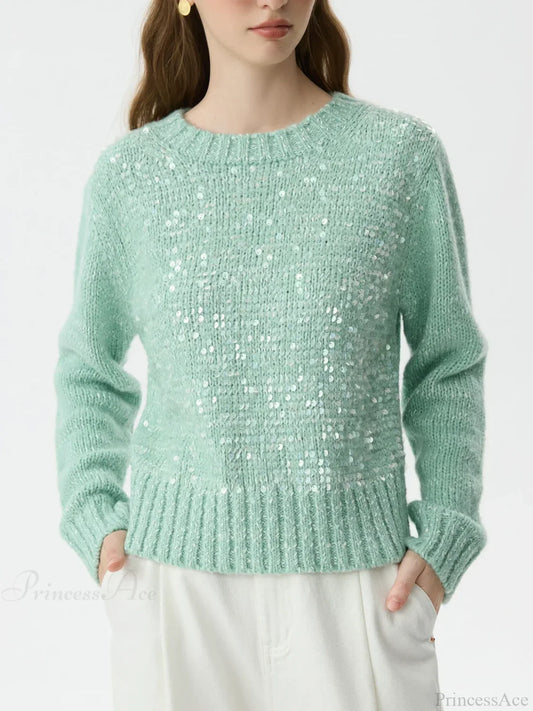 5.9% Sheep Wool Sequined Long Sleeve Sweater Green / XS