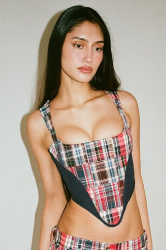 Plaid Patchwork Boned Cami Corset
