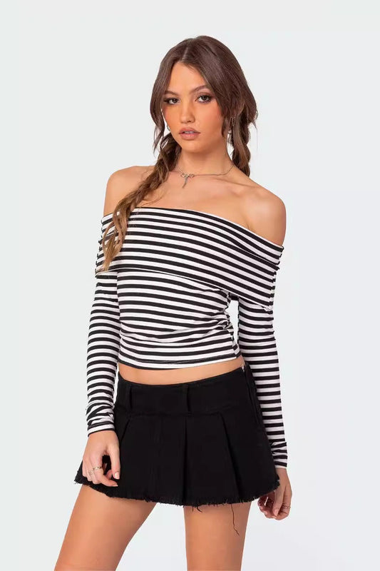 Slim Fit Striped Slit Neck Knit Top