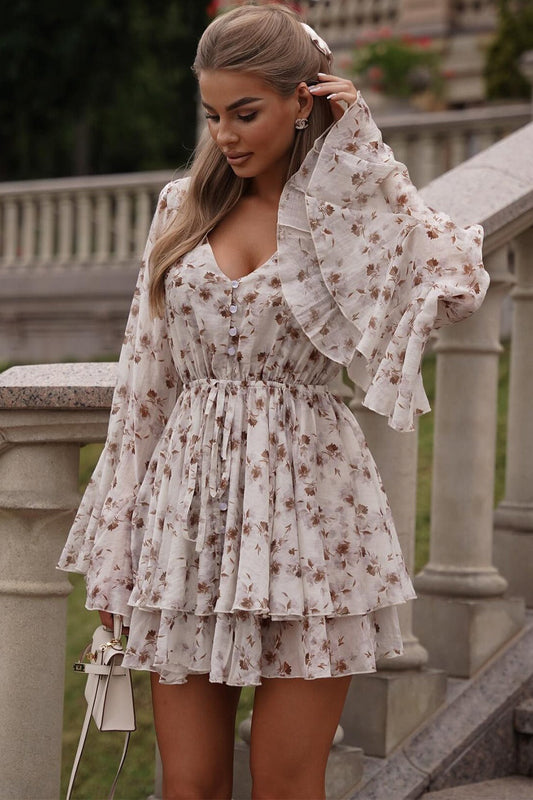 French Floral V-Neck Ruffled Mini Dress