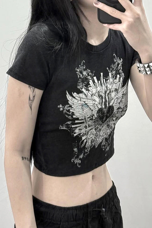 Contrast Print Fitted Crop T-Shirt