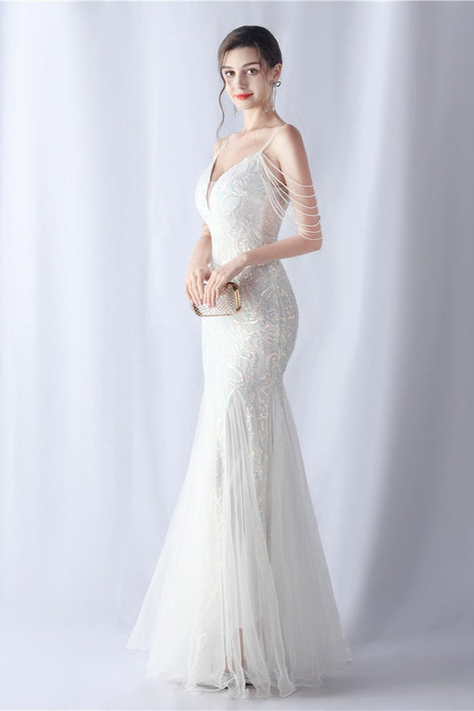 Beaded Mesh Cocktail Maxi Dress