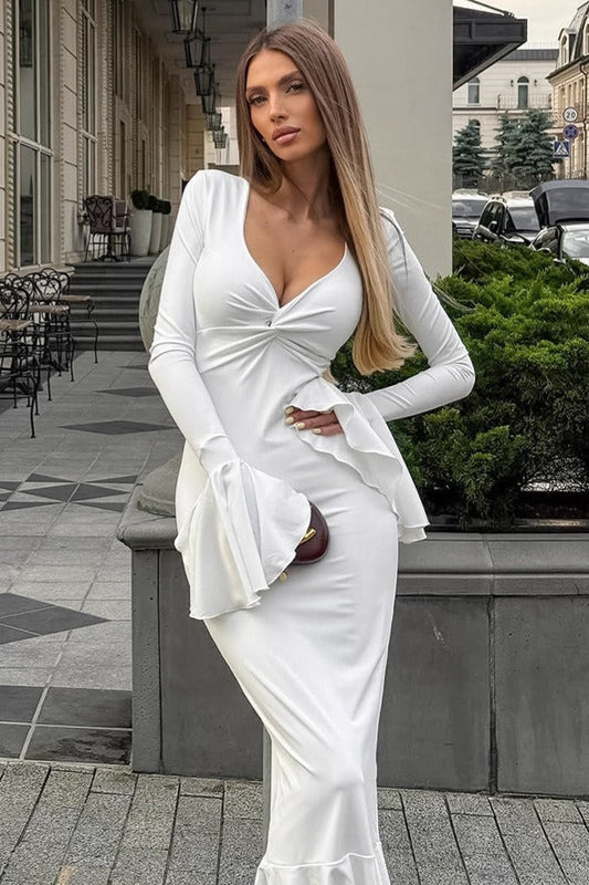 Ruffled V-neck Flare Sleeve Midi Dress