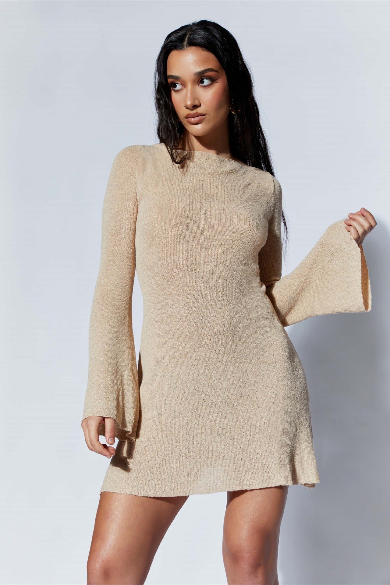Bell Sleeve Knit Sweater Dress S / Apricot