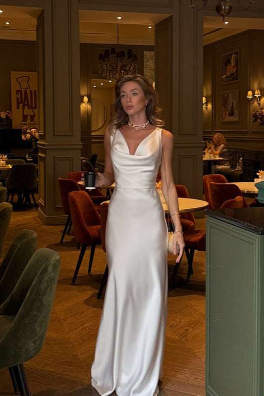 Satin V-Neck Long-Sleeve Sleeveless Fitted Maxi Dress