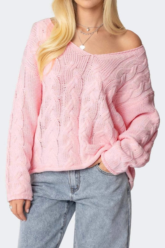 Solid Color V-Neck Cable-Knit Loose Sweater