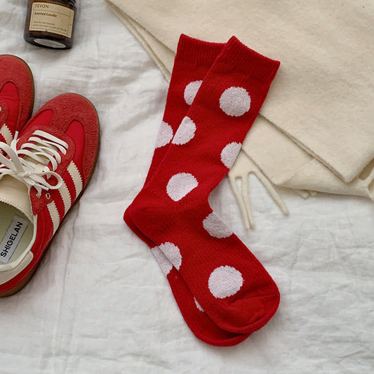 Red Polka Dot Snowflake Fluffy Slouch Socks