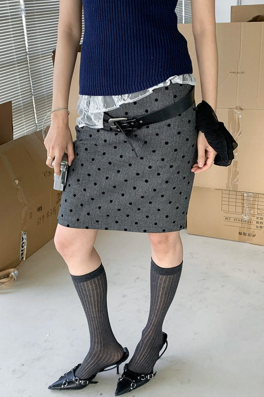 High Waist Flocked Polka Dot Bodycon Midi Skirt