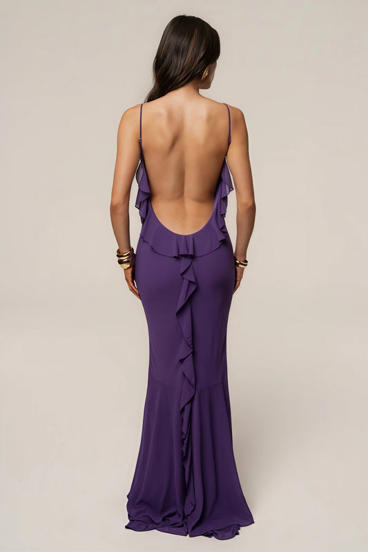 Elegant Open Back Ruffle Panel Maxi Dress