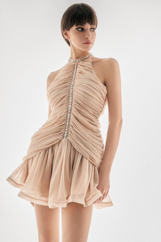 Rhinestone Embellished Round Neck Bodycon Mini Dress