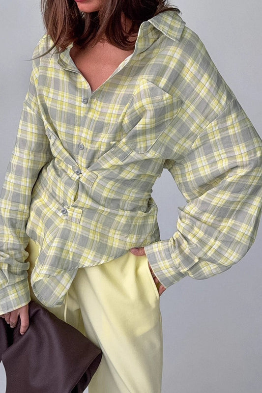 Color-block Plaid Belted Long Sleeve Bloshope