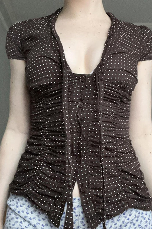 Button Tie Waist Dot Print Bloshope