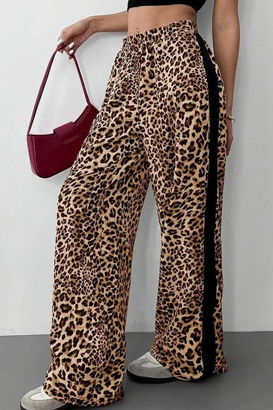 Stylish Leopard Print Black Trim High-Waisted Wide-Leg Pants