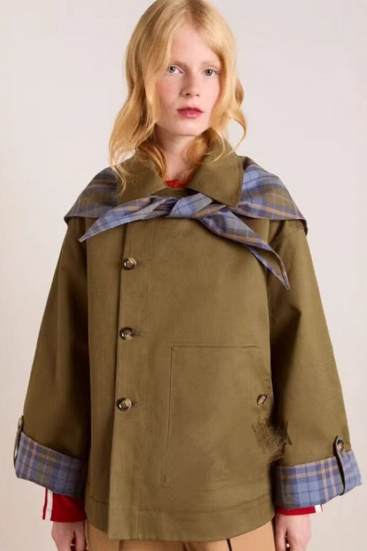 Plaid Color Block Mori Girl Loose Slant Front Jacket