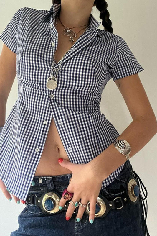 Blue Plaid Fitted Polo Collar Short Sleeve Bloshope