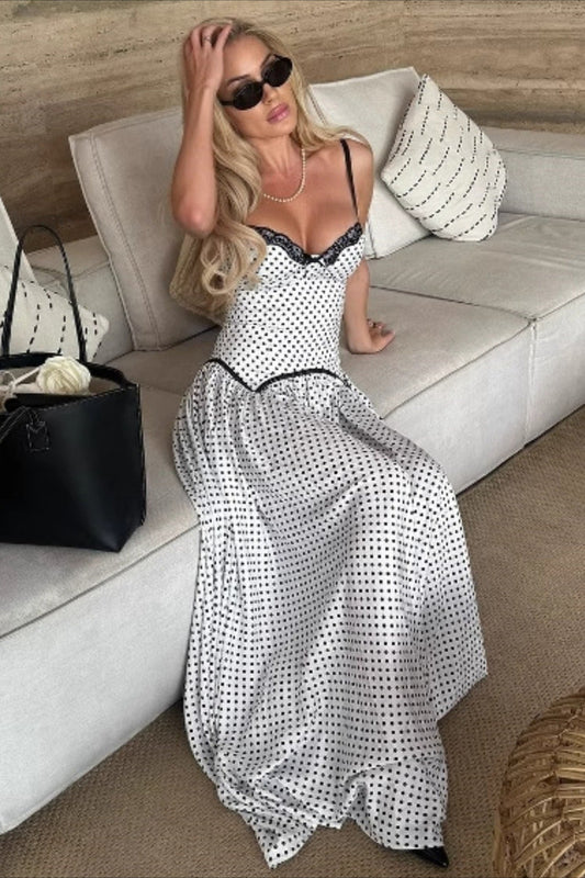 Polka Dot Spaghetti Strap Backless Fitted Bodycon Maxi Dress