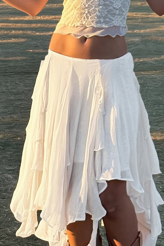 Ruffled Mesh Asymmetrical Midi Skirt