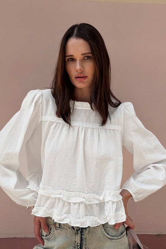 Round Neck Ruffled Ruched Loose Bloshope