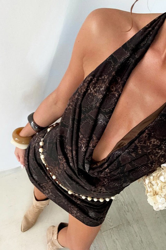 Animal Print Halter Cowl Neck Mini Dress