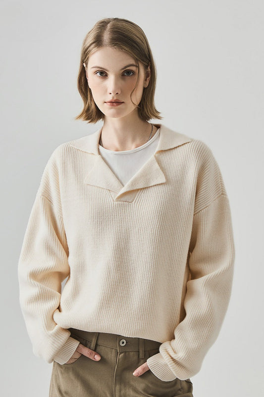 Oversized Lazy V-Neck Long-Sleeve Knit Top