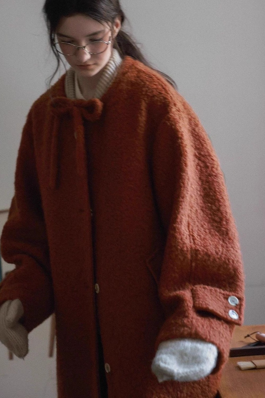 Bow Tie Waist Loose Slim Wool Blend Overcoat