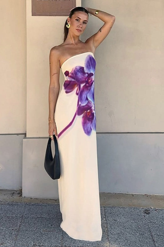 Sexy Color-block Floral Print Strapless Midi Dress