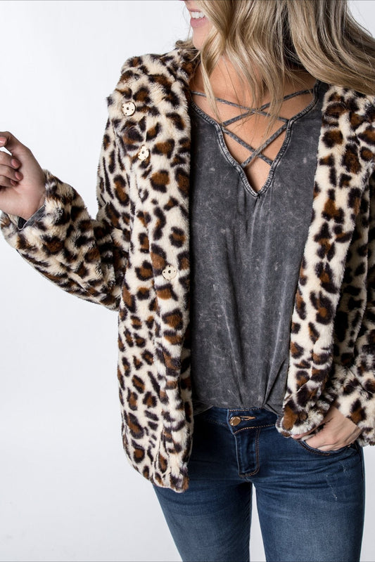 Plshoph Leopard Print Hooded Warm Coat
