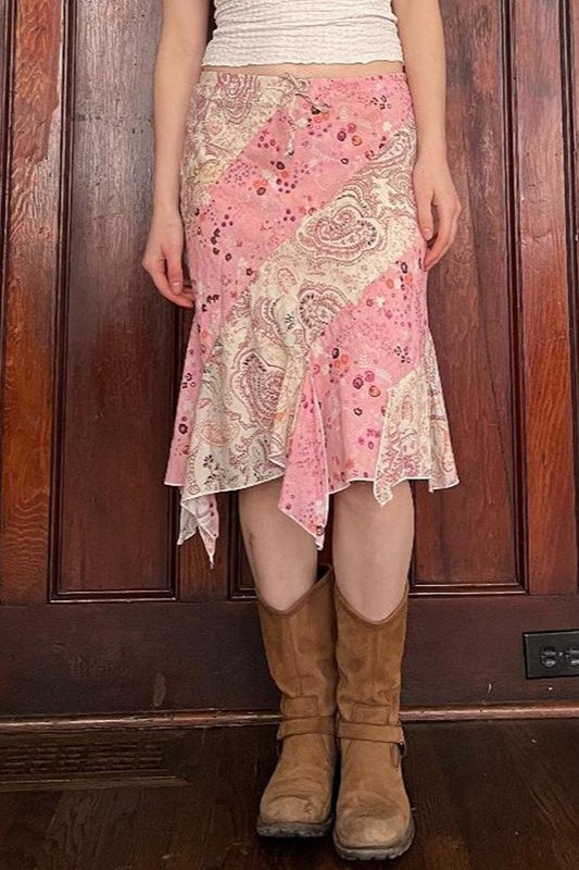 Floral Ruffle Asymmetric Midi Skirt