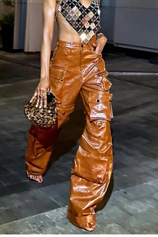Summer Loose PU Leather Cargo Pant