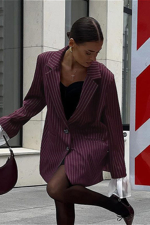 Lace Striped Loose Flared Sleeve Blazer Coat