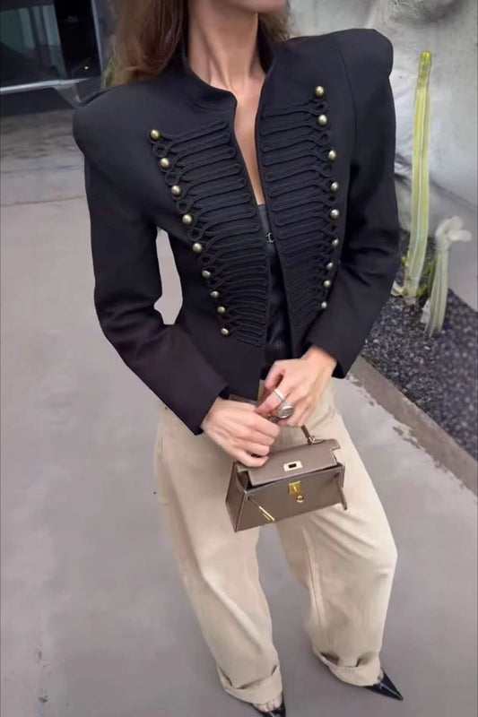 Braided Military-Button Cropped Jacket