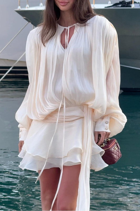 Chiffon Lantern Sleeve Tie Ruffle Mini Dress