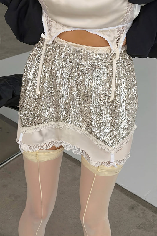 Silver Sequin Layered Mini Skirt