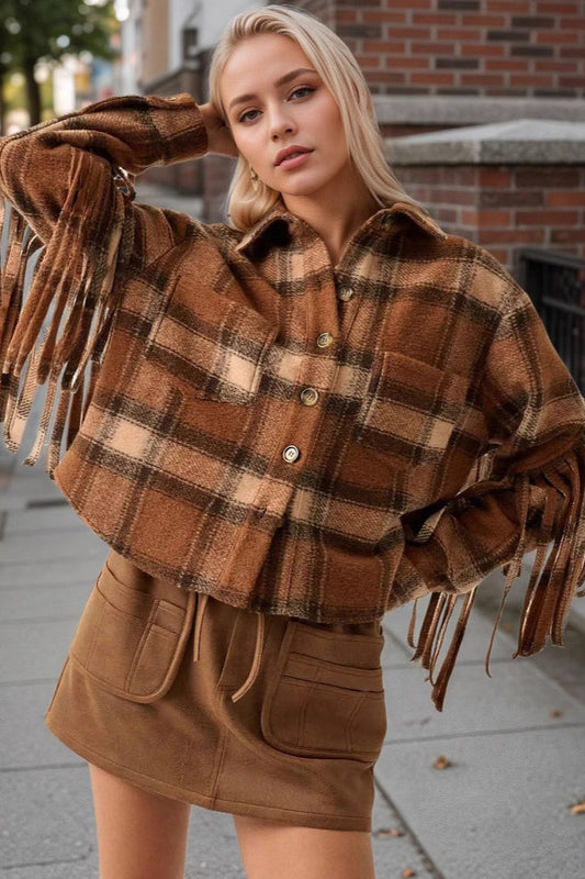 Plaid Side-Fringe Wool Short Coat