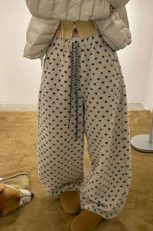Warm Thickened Polka Dot Fleece Drawcord Pants