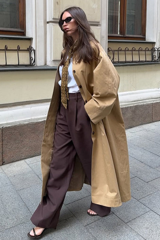 Minimalist Extra-Long Cotton Single-Breasted Lapel Overcoat